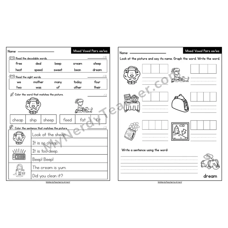 Editable Decodable Look-Alike Words and Sentences — Mixed ee/ea Long E