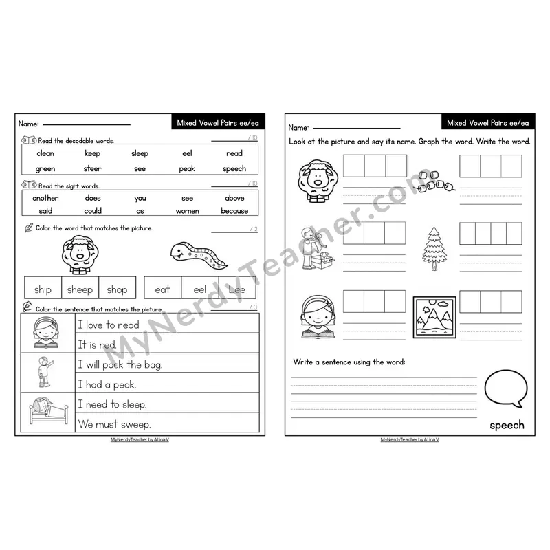Editable Decodable Look-Alike Words and Sentences — Mixed ee/ea Long E