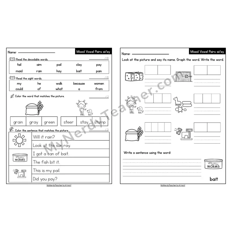 Editable Decodable Look-Alike Words and Sentences — Mixed ai/ay Long A