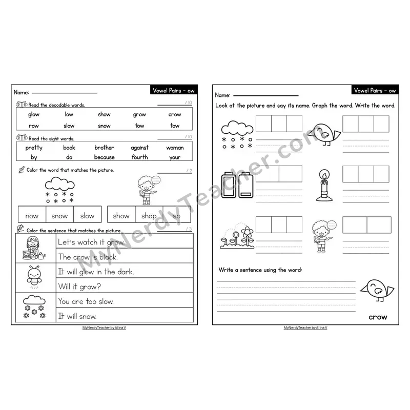 Editable Decodable Look-Alike Words and Sentences — ow Long O Vowel Team