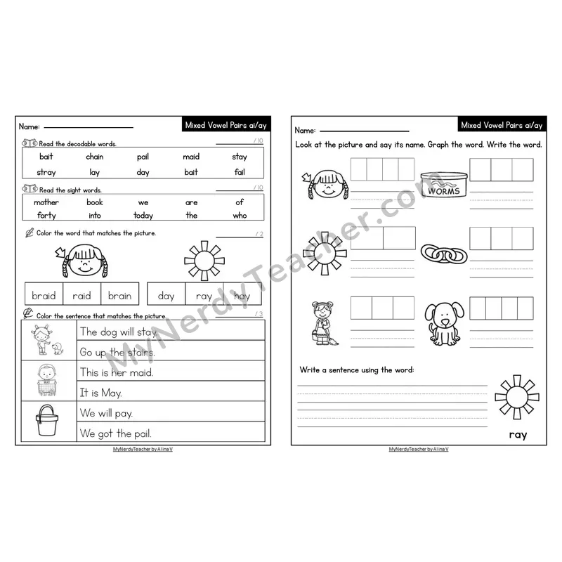 Editable Decodable Look-Alike Words and Sentences — Mixed ai/ay Long A