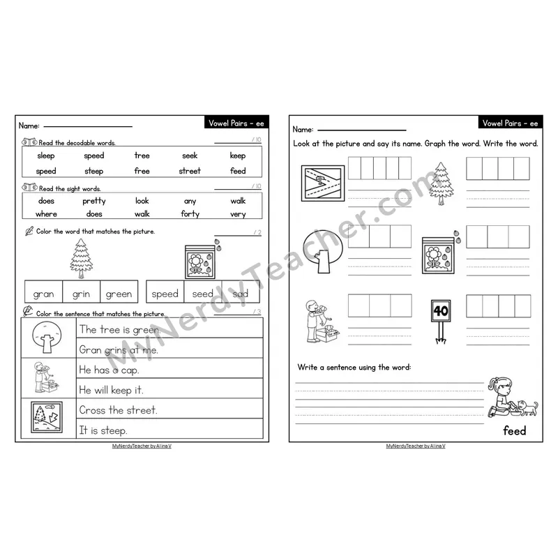 Editable Decodable Look-Alike Words and Sentences — ee Long E Vowel Team
