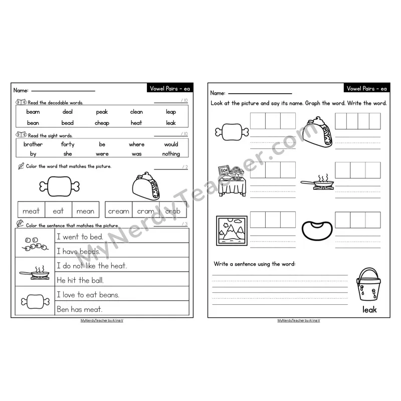 Editable Decodable Look-Alike Words and Sentences — ea Long E Vowel Team