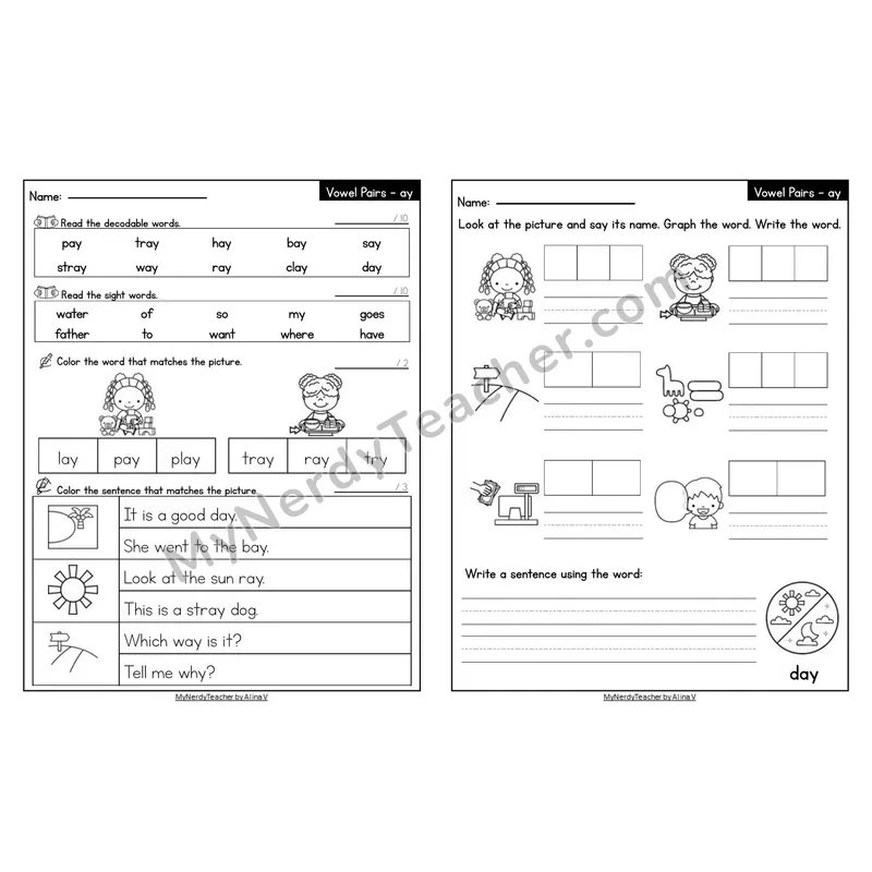 Editable Decodable Look-Alike Words and Sentences — ay Long A Vowel Team