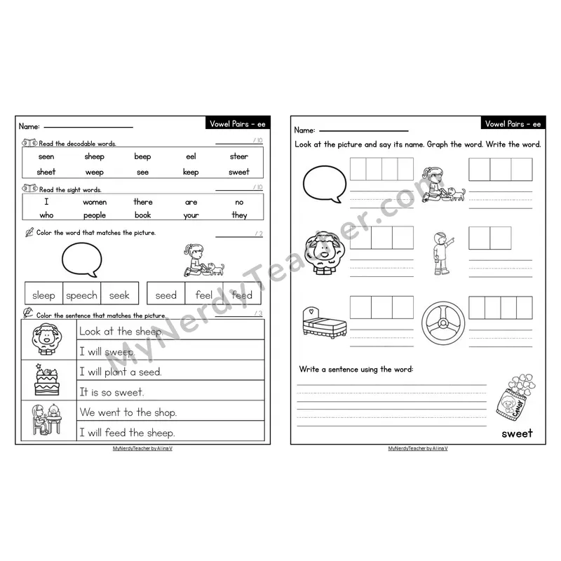 Editable Decodable Look-Alike Words and Sentences — ee Long E Vowel Team