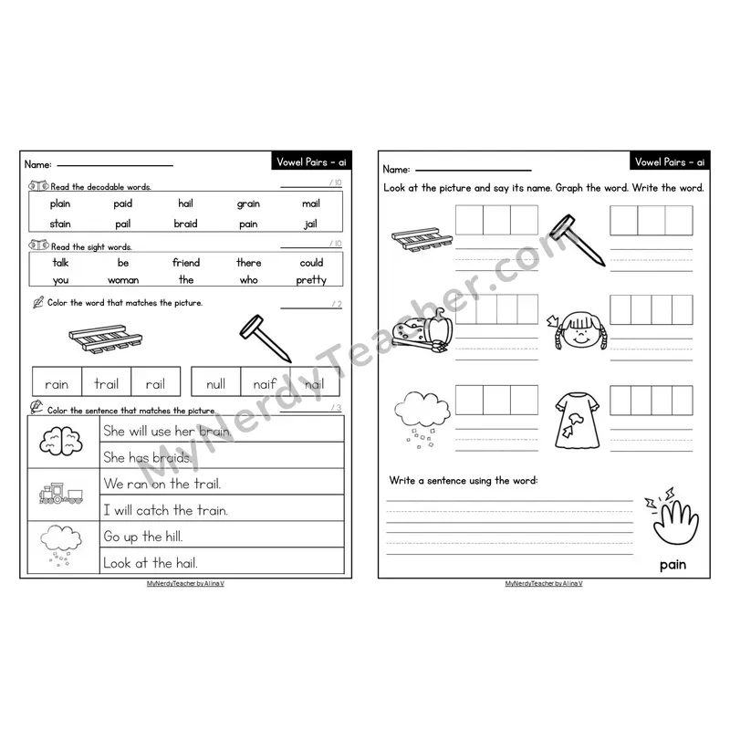 Editable Decodable Look-Alike Words and Sentences — ai Long A Vowel Team