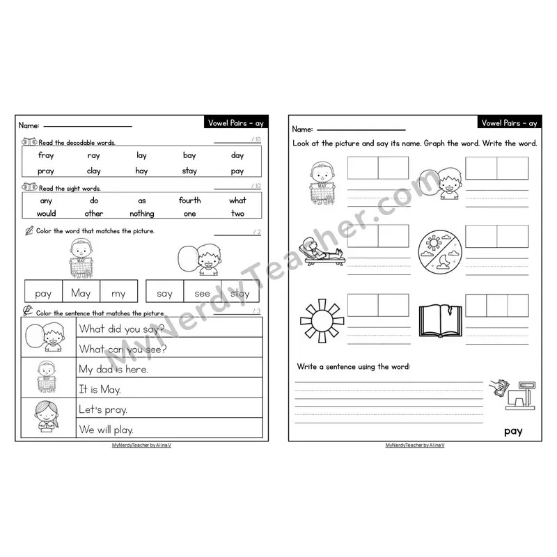 Editable Decodable Look-Alike Words and Sentences — ay Long A Vowel Team