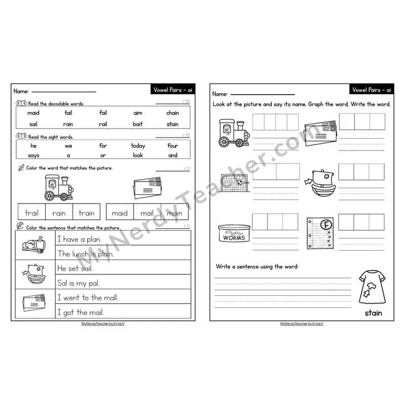 Editable Decodable Look-Alike Words and Sentences — ai Long A Vowel Team