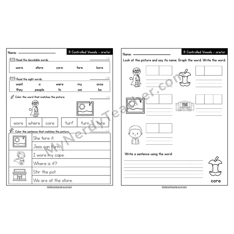Editable Decodable Look-Alike Words and Sentences — ore /or/ R-Controlled Vowel