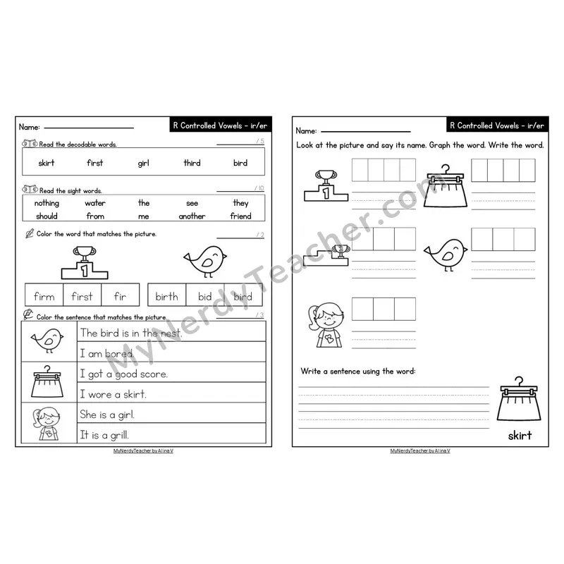 Editable Decodable Look-Alike Words and Sentences — ir/er R-Controlled Vowel