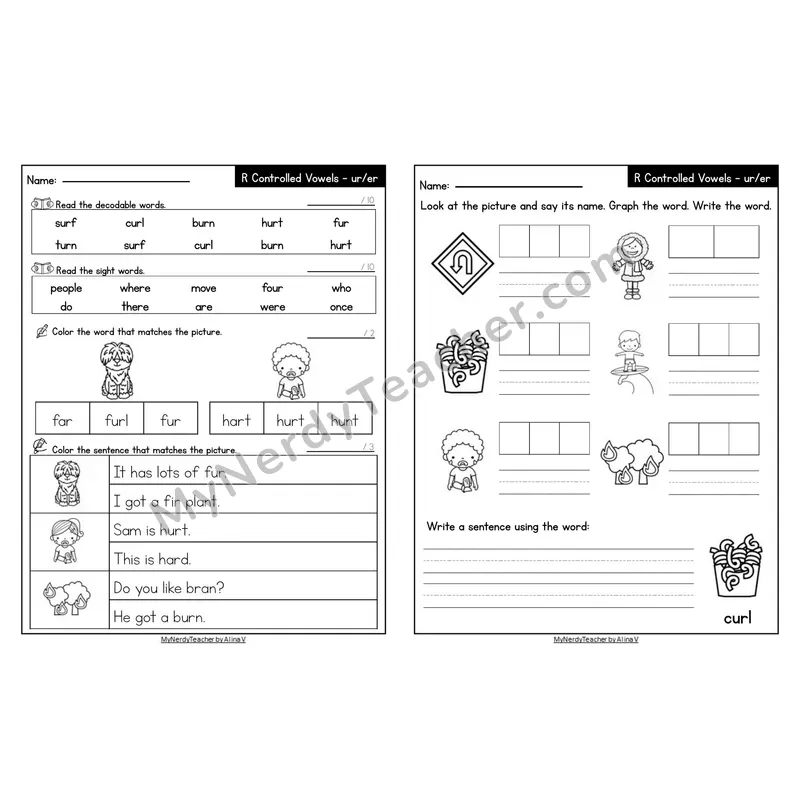 Editable Decodable Look-Alike Words and Sentences — ur/er R-Controlled Vowel
