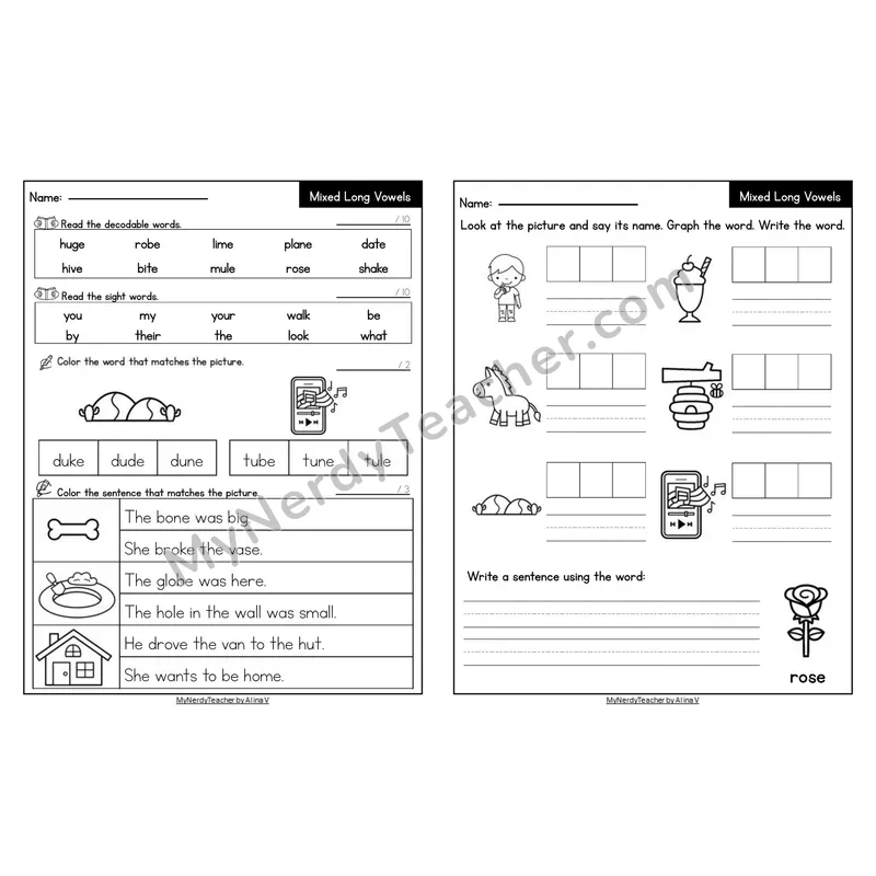Editable Decodable Look-Alike Words and Sentences — Mixed Long Vowels VCe