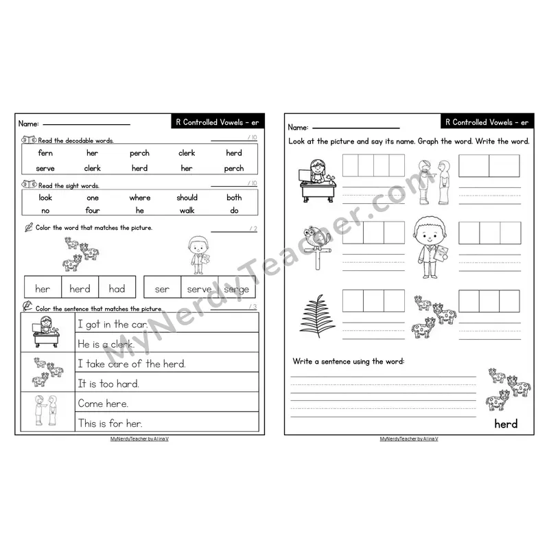 Editable Decodable Look-Alike Words and Sentences — er R-Controlled Vowel
