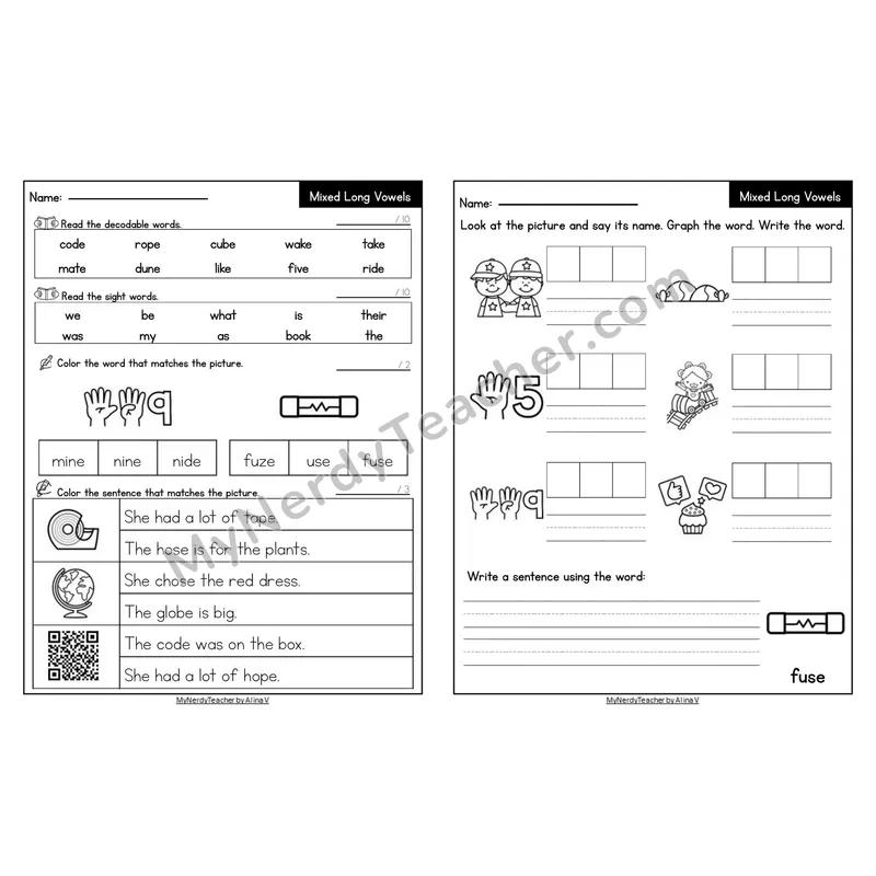 Editable Decodable Look-Alike Words and Sentences — Mixed Long Vowels VCe