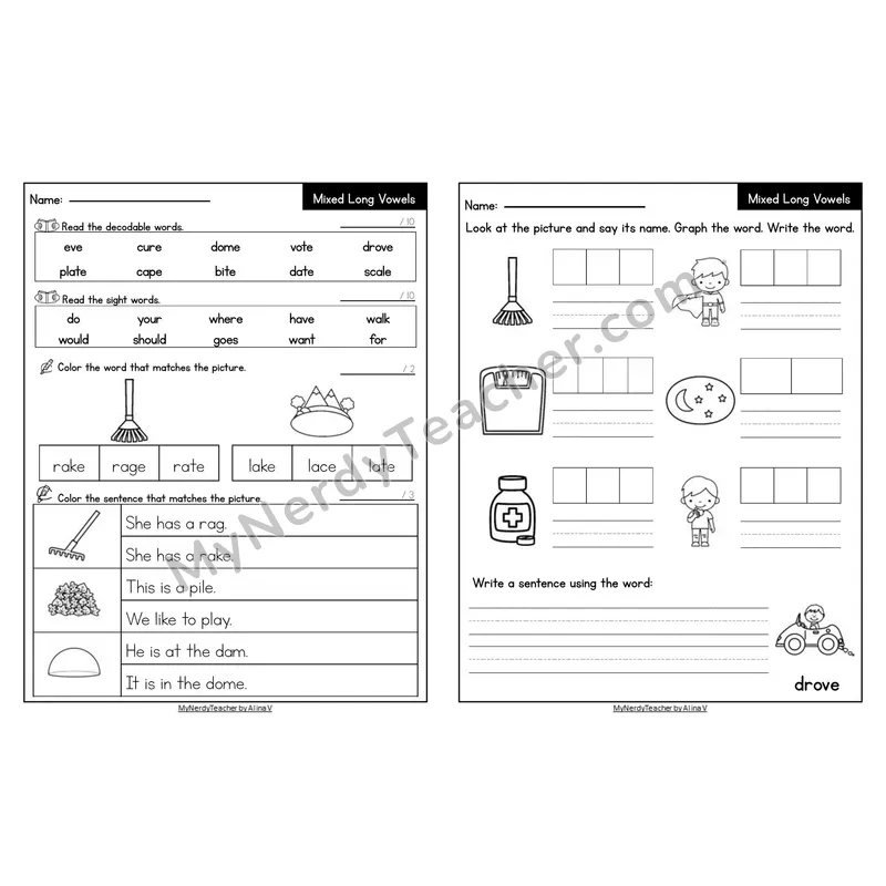 Editable Decodable Look-Alike Words and Sentences — Mixed Long Vowels VCe