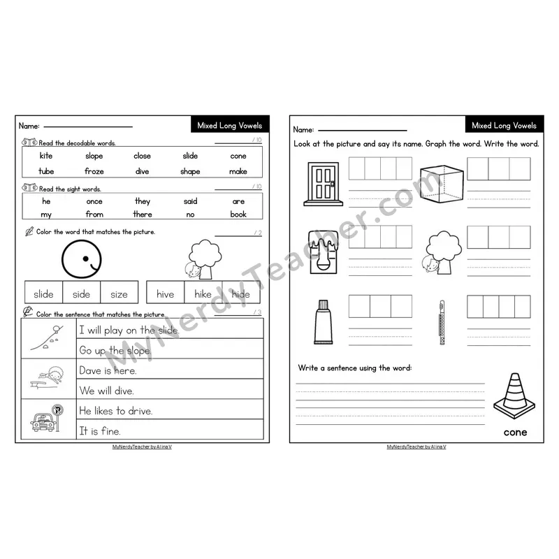 Editable Decodable Look-Alike Words and Sentences — Mixed Long Vowels VCe