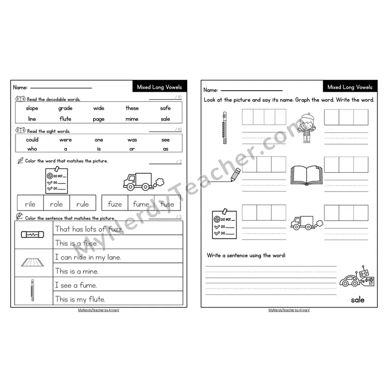 Editable Decodable Look-Alike Words and Sentences — Mixed Long Vowels VCe