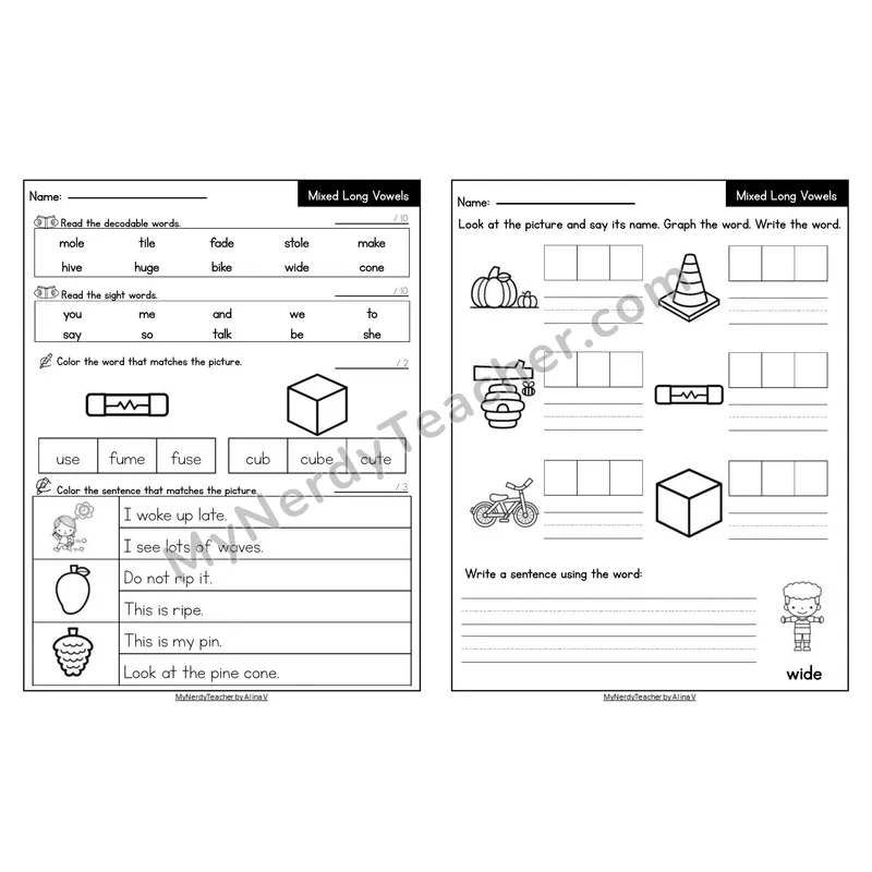 Editable Decodable Look-Alike Words and Sentences — Mixed Long Vowels VCe