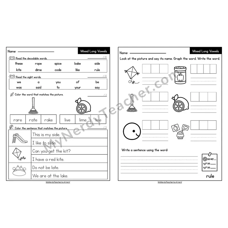 Editable Decodable Look-Alike Words and Sentences — Mixed Long Vowels VCe