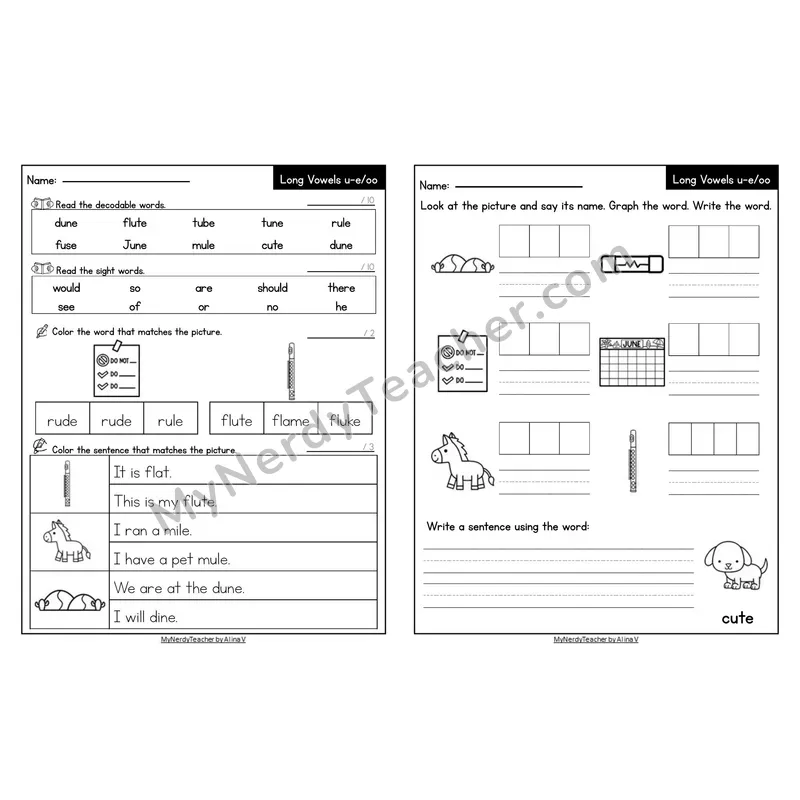 Editable Decodable Look-Alike Words and Sentences — u_e Long U