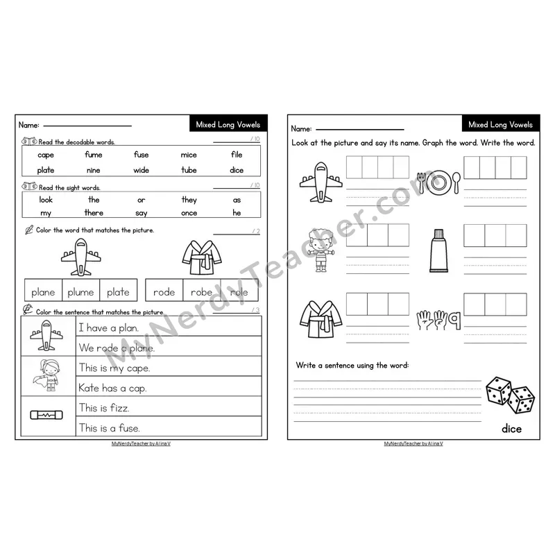 Editable Decodable Look-Alike Words and Sentences — Mixed Long Vowels VCe