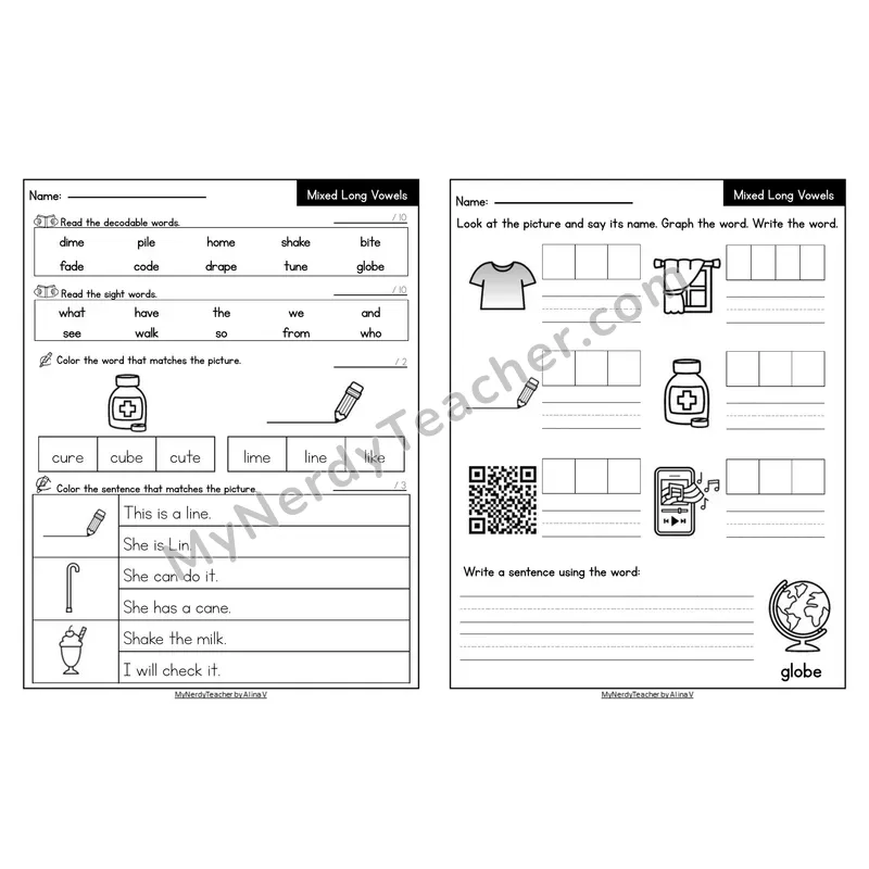 Editable Decodable Look-Alike Words and Sentences — Mixed Long Vowels VCe