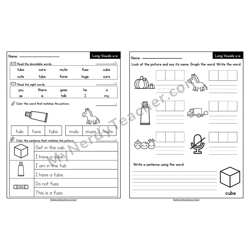 Editable Decodable Look-Alike Words and Sentences — u_e Long U