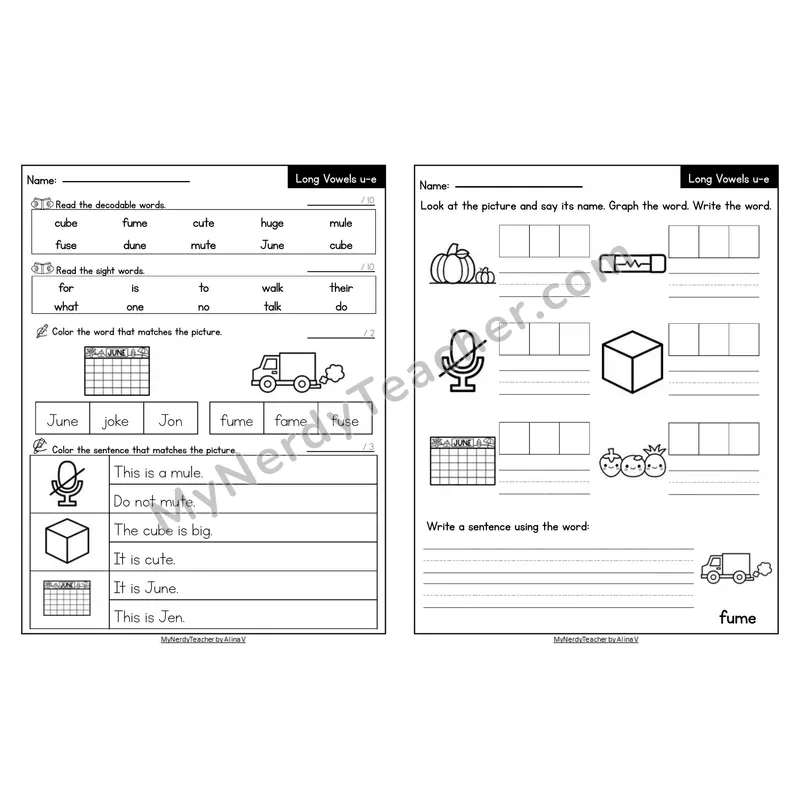Editable Decodable Look-Alike Words and Sentences — u_e Long U