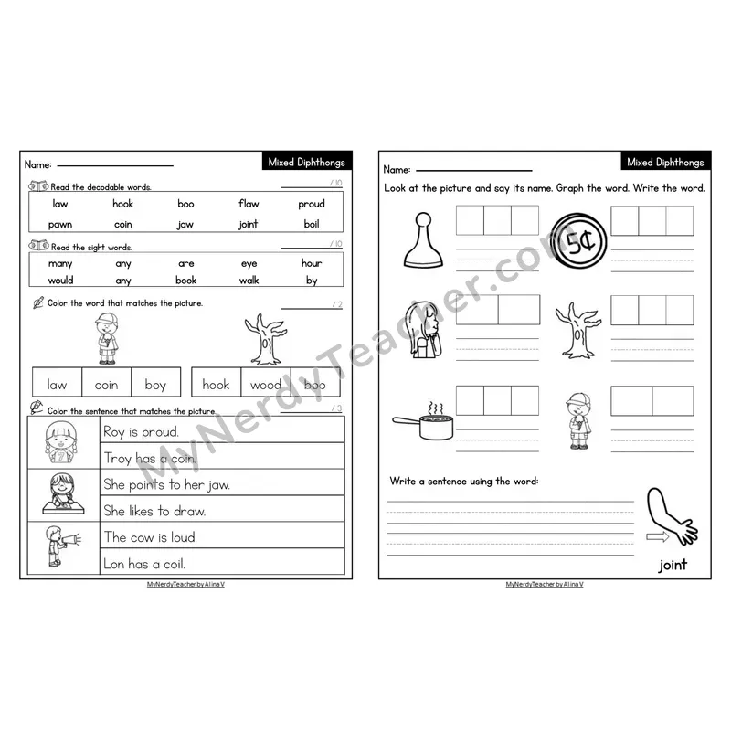 Editable Decodable Look-Alike Words and Sentences — Mixed Diphthongs Review