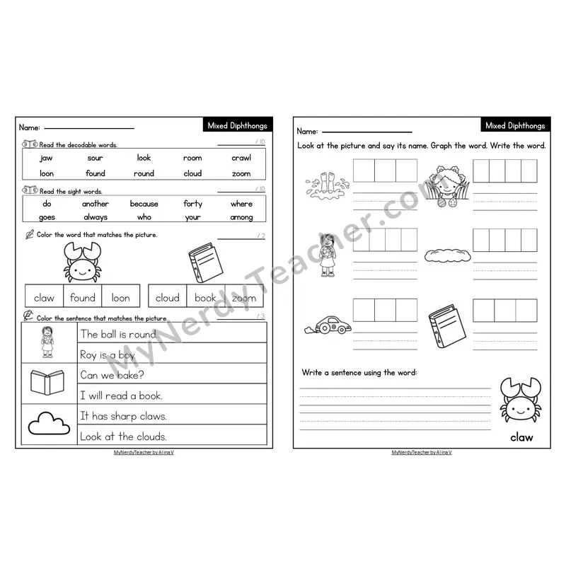 Editable Decodable Look-Alike Words and Sentences — Mixed Diphthongs Review
