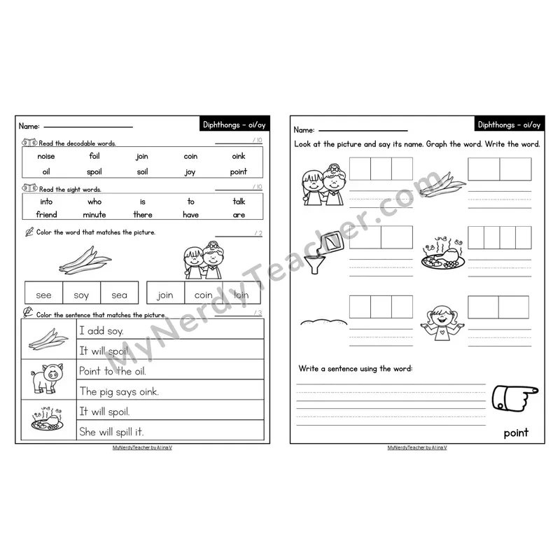 Editable Decodable Look-Alike Words and Sentences — Mixed oi/oy Diphthong