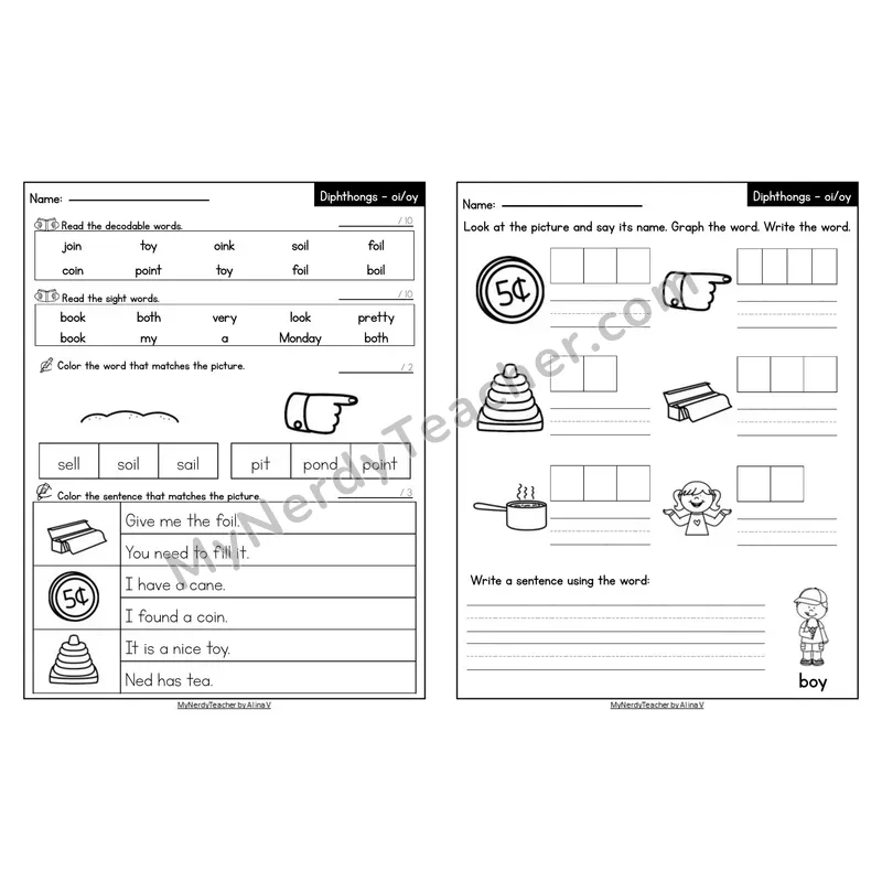 Editable Decodable Look-Alike Words and Sentences — Mixed oi/oy Diphthong