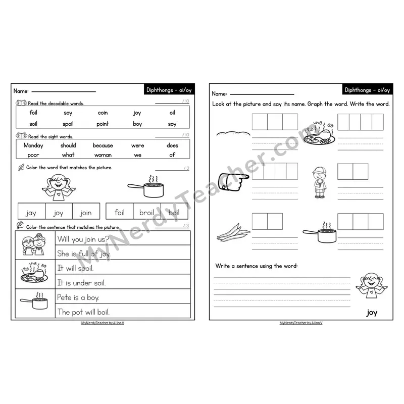 Editable Decodable Look-Alike Words and Sentences — Mixed oi/oy Diphthong