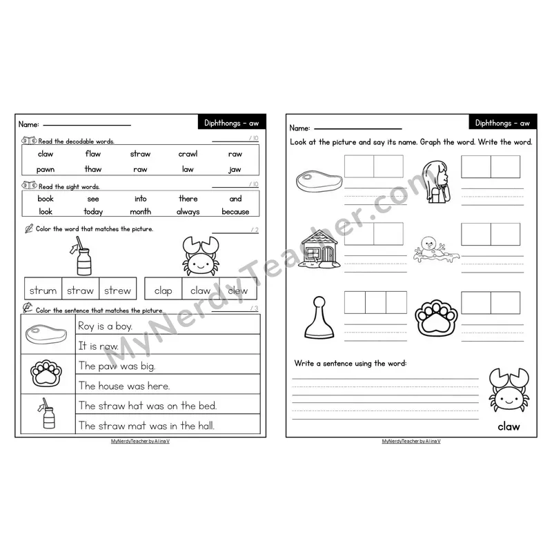 Editable Decodable Look-Alike Words and Sentences — aw Vowel Pair