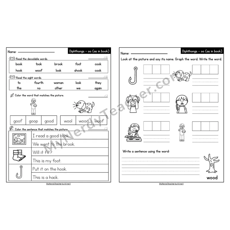Editable Decodable Look-Alike Words and Sentences — oo /oo/ as in book