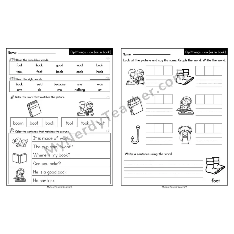 Editable Decodable Look-Alike Words and Sentences — oo /oo/ as in book