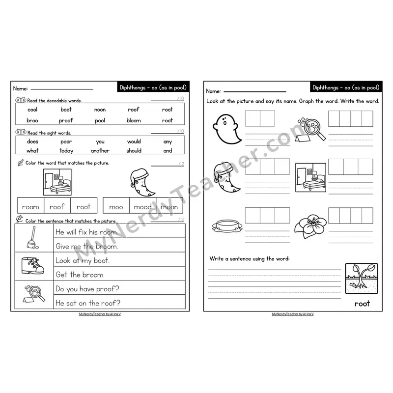 Editable Decodable Look-Alike Words and Sentences — oo /oo/ as in pool