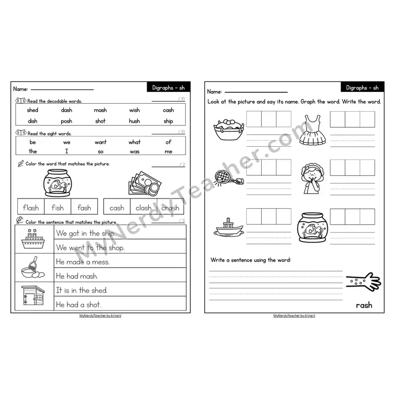 Editable Decodable Look-Alike Words and Sentences — sh Digraph