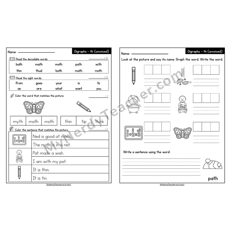 Editable Decodable Look-Alike Words and Sentences — Unvoiced th Digraph