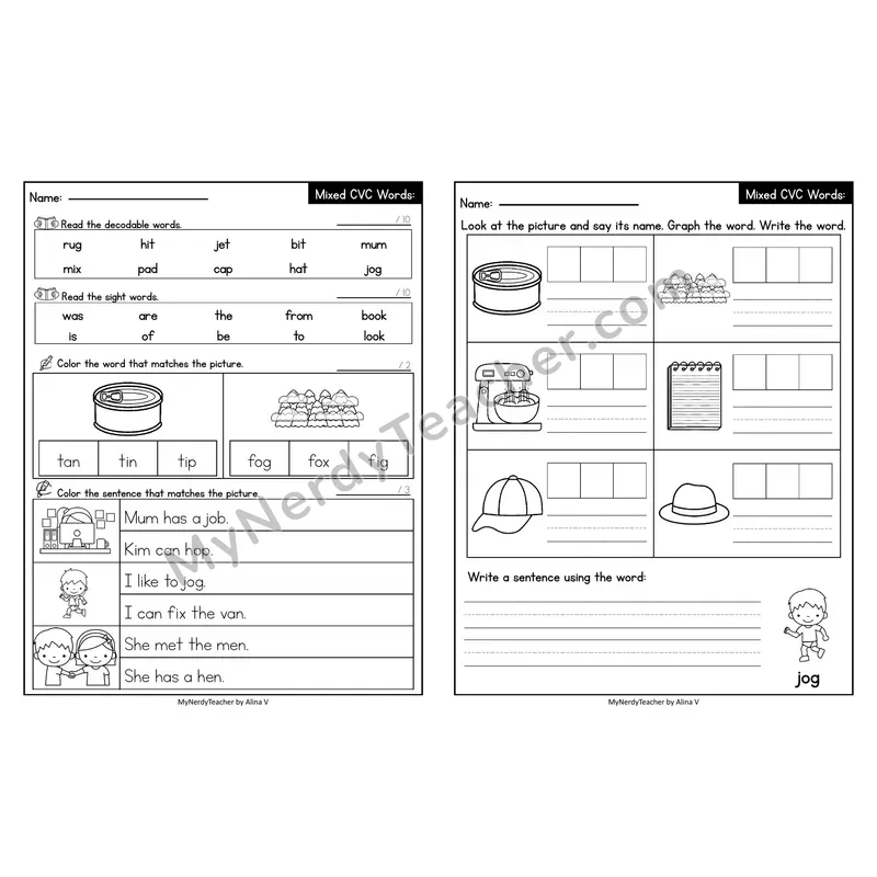 Editable Decodable Look-Alike Words and Sentences — Mixed Short Vowel CVC Review