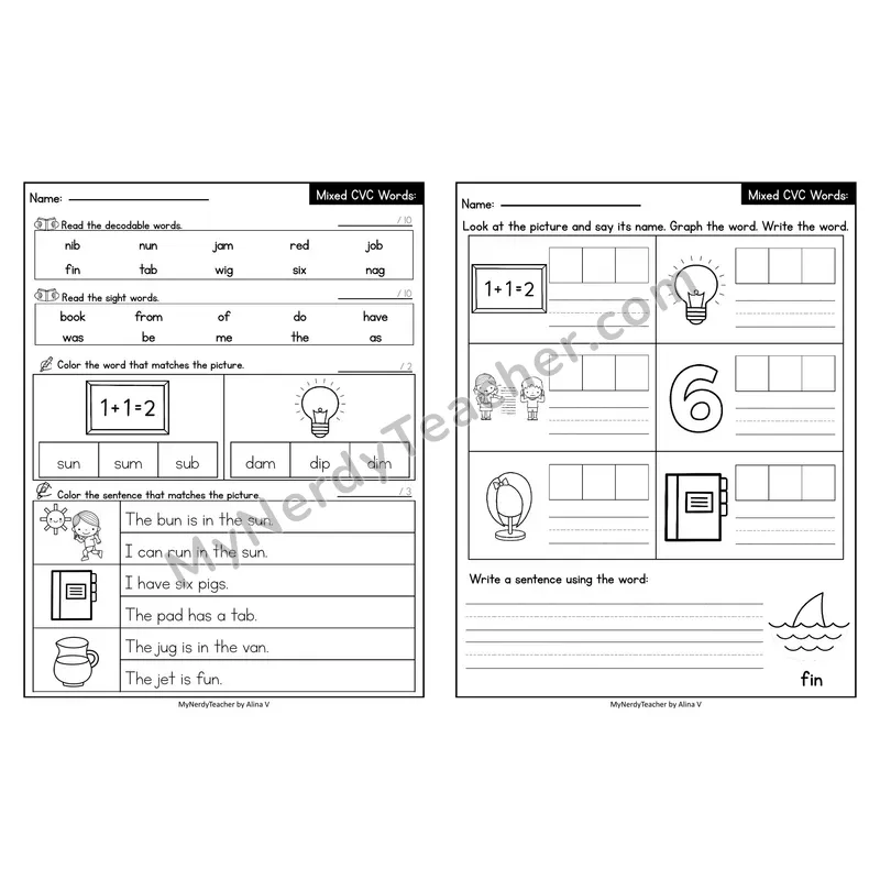 Editable Decodable Look-Alike Words and Sentences — Mixed Short Vowel CVC Review