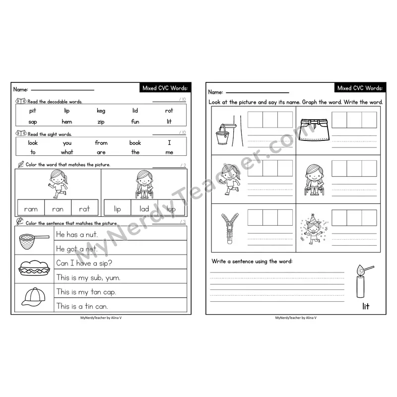 Editable Decodable Look-Alike Words and Sentences — Mixed Short Vowel CVC Review