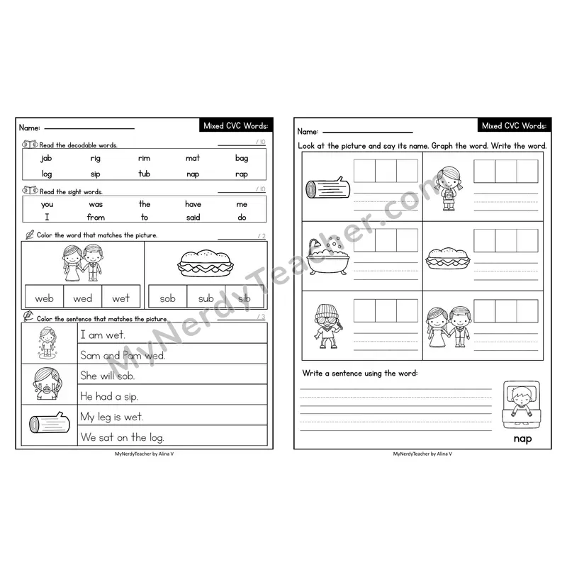 Editable Decodable Look-Alike Words and Sentences — Mixed Short Vowel CVC Review