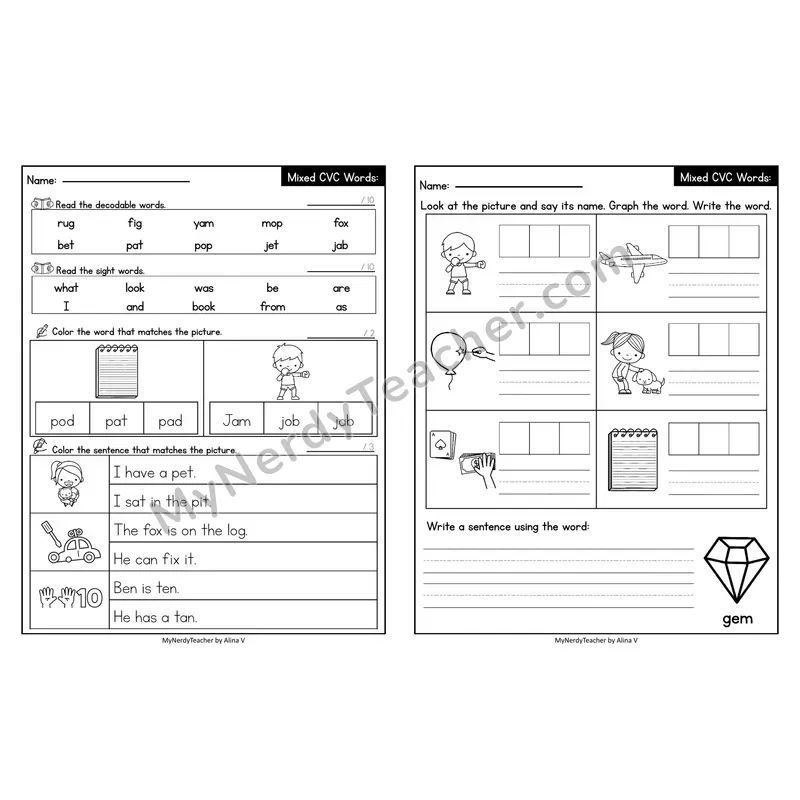 Editable Decodable Look-Alike Words and Sentences — Mixed Short Vowel CVC Review