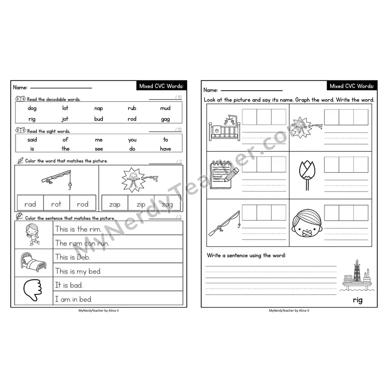 Editable Decodable Look-Alike Words and Sentences — Mixed Short Vowel CVC Review