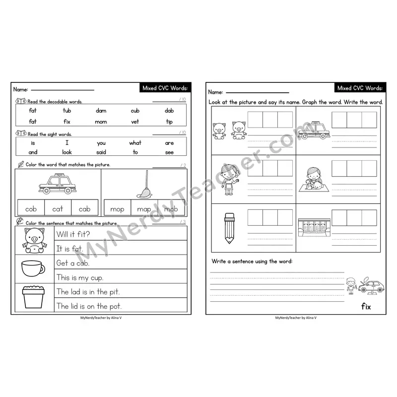 Editable Decodable Look-Alike Words and Sentences — Mixed Short Vowel CVC Review