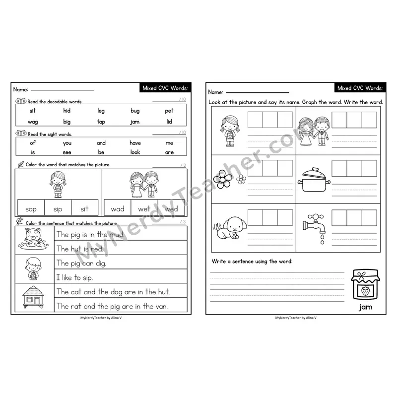 Editable Decodable Look-Alike Words and Sentences — Mixed Short Vowel CVC Review