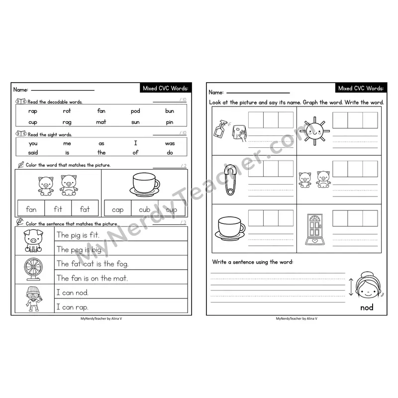 Editable Decodable Look-Alike Words and Sentences — Mixed Short Vowel CVC Review