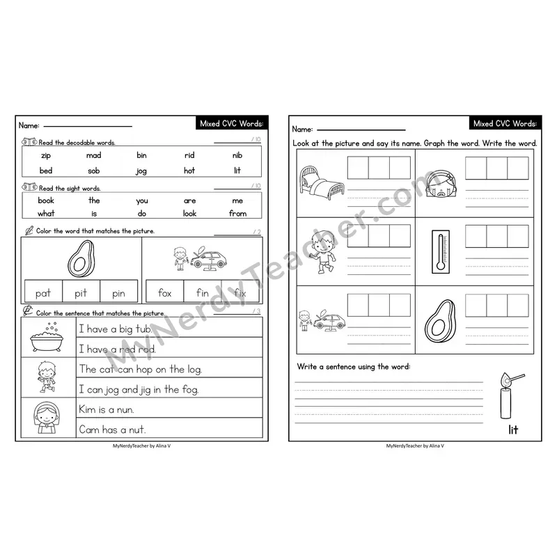 Editable Decodable Look-Alike Words and Sentences — Mixed Short Vowel CVC Review
