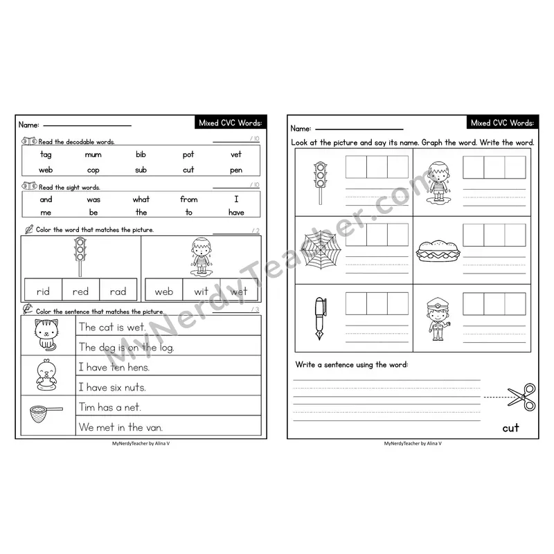 Editable Decodable Look-Alike Words and Sentences — Mixed Short Vowel CVC Review